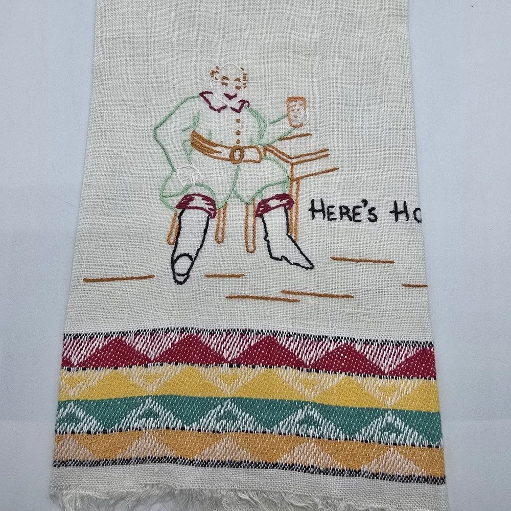 Vintage Embroidered Hand Tea Towel Cottagecore Here's‎ How Man Drinking